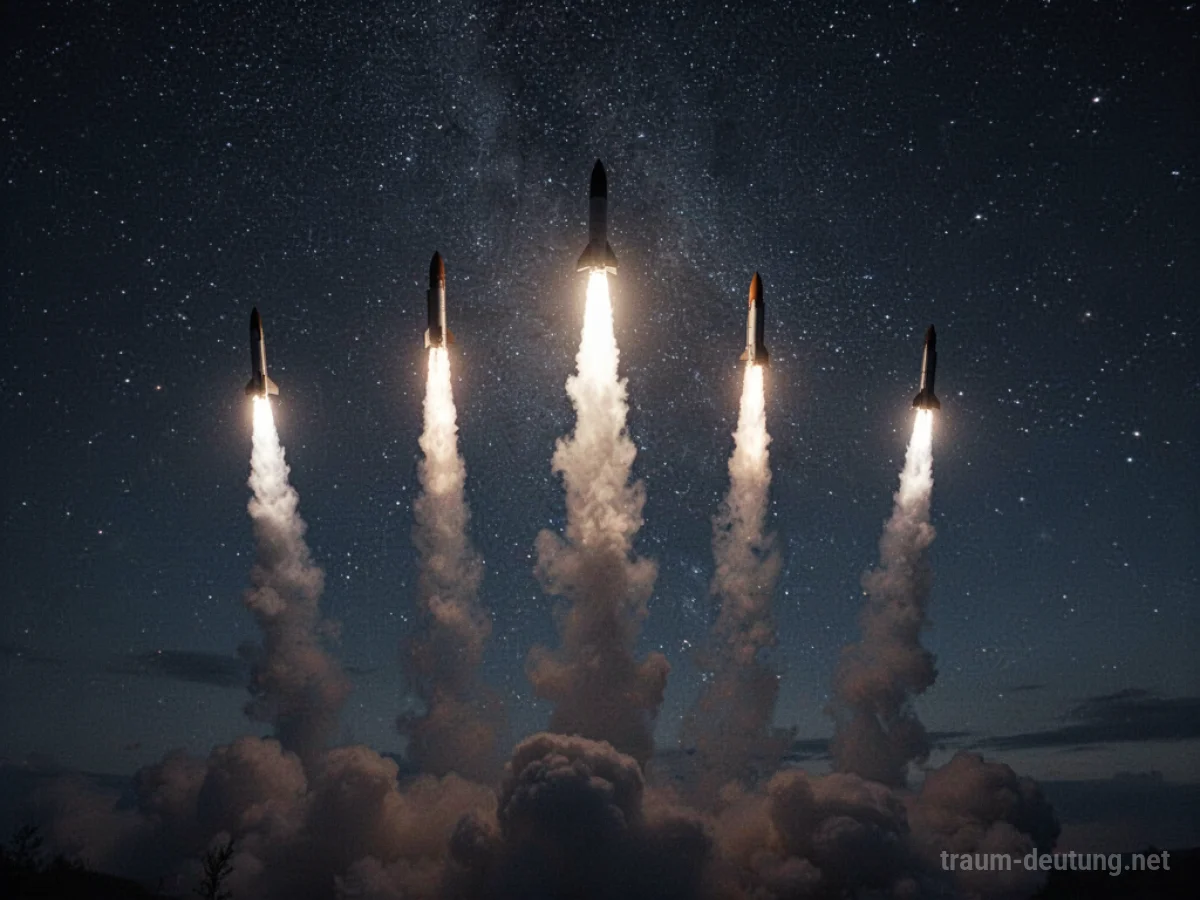 Viele Raketen starten in den Nachthimmel.