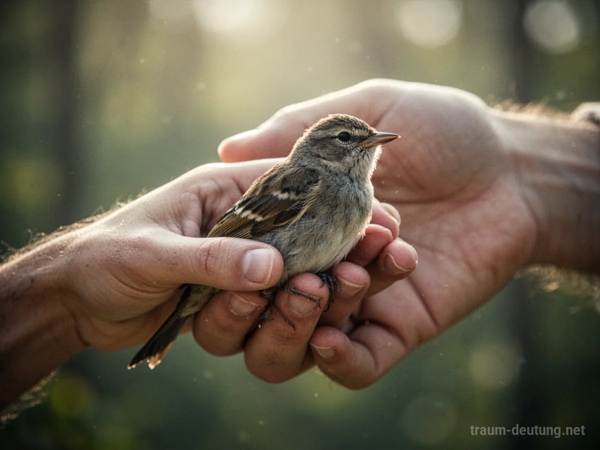 Hände, die einen kleinen Vogel behutsam halten