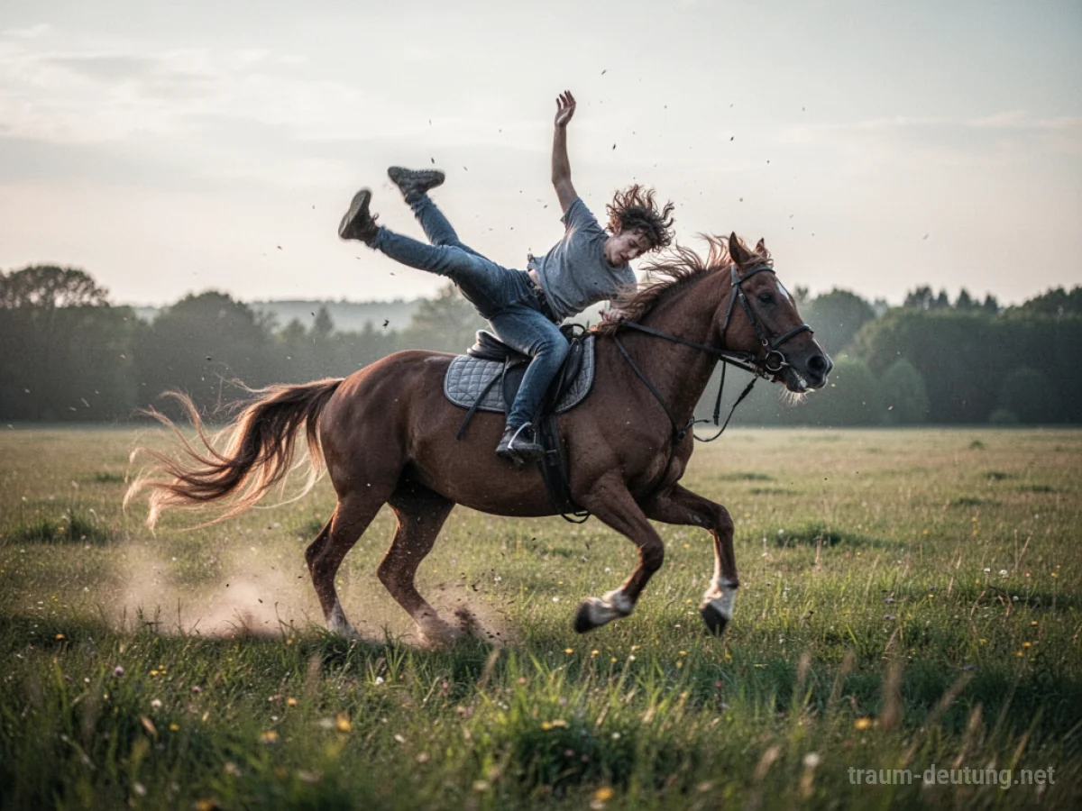 Person fällt vom Pferd auf einer Wiese.