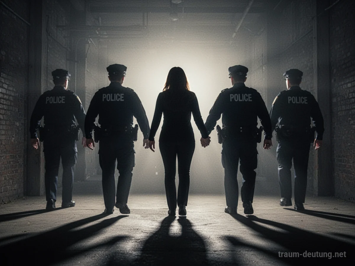 Silhouetten von Polizisten leiten eine Person in Richtung Licht.