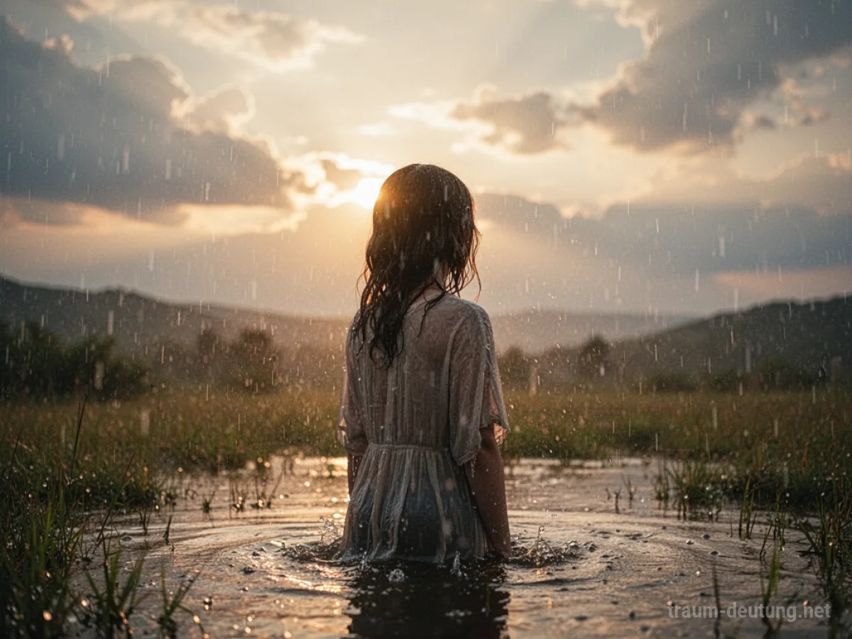 Eine Person steht in einem sanften, warmen Regen unter einem hellen Himmel.