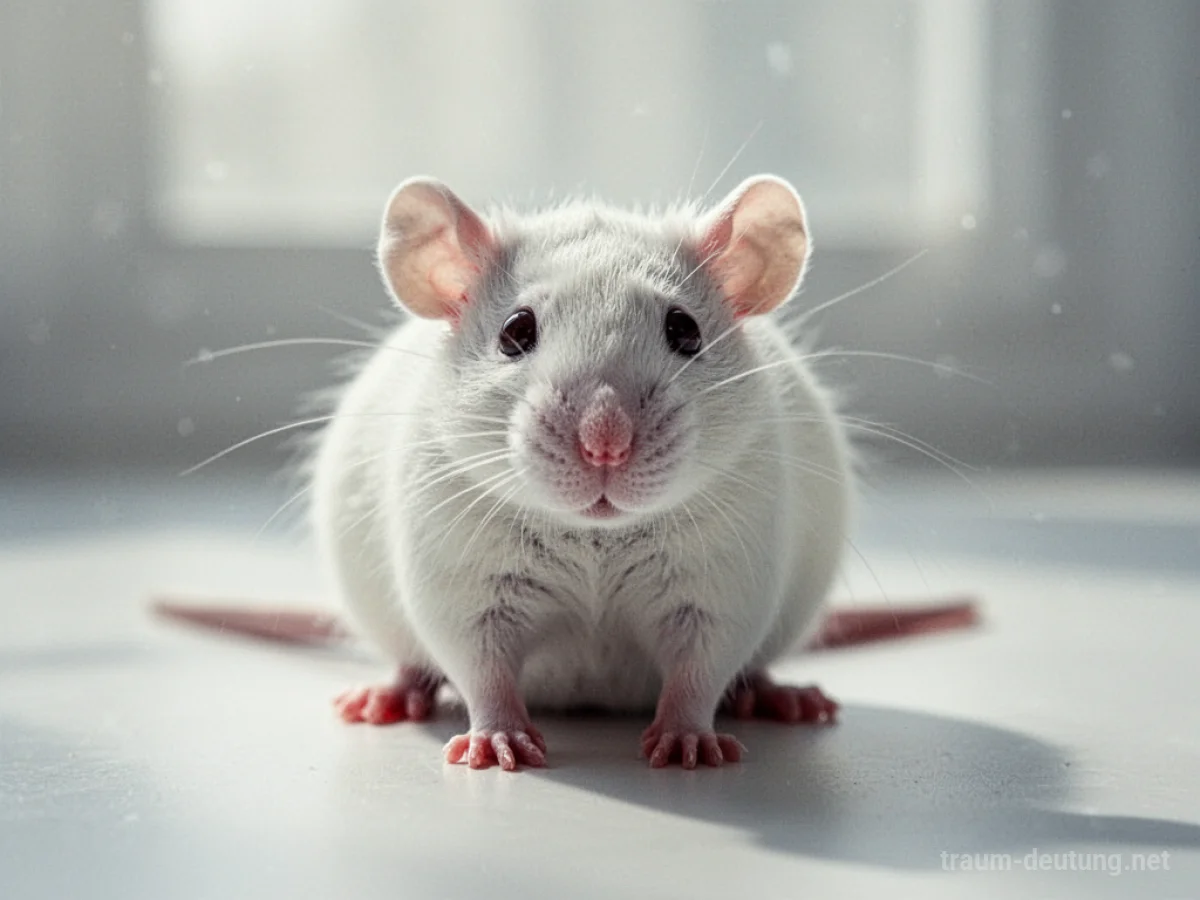 Eine weiße Ratte steht auf einer hellen Oberfläche und blickt direkt nach vorn.