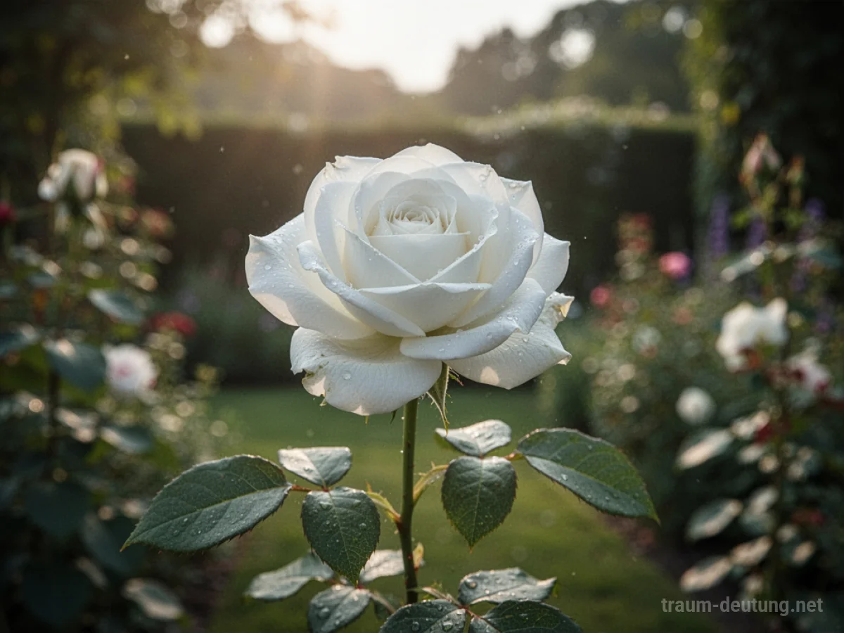 Eine einzelne, makellose weiße Rose erblüht in einem sonnenbeschienenen Garten.