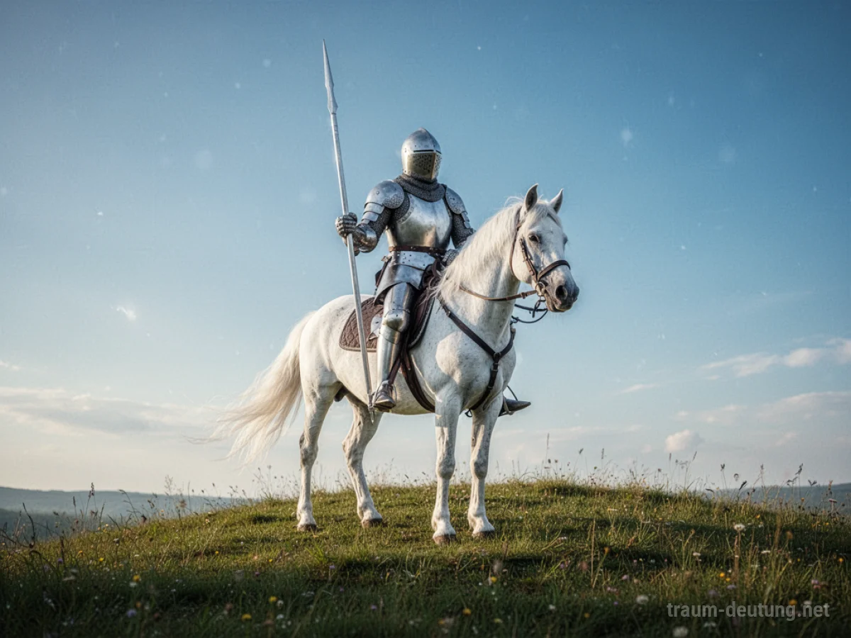 Ein Ritter in weißer Rüstung auf einem weißen Pferd