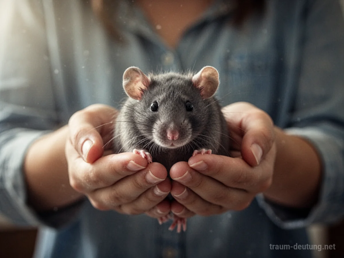 Eine zahme Ratte wird sanft in den Händen gehalten.