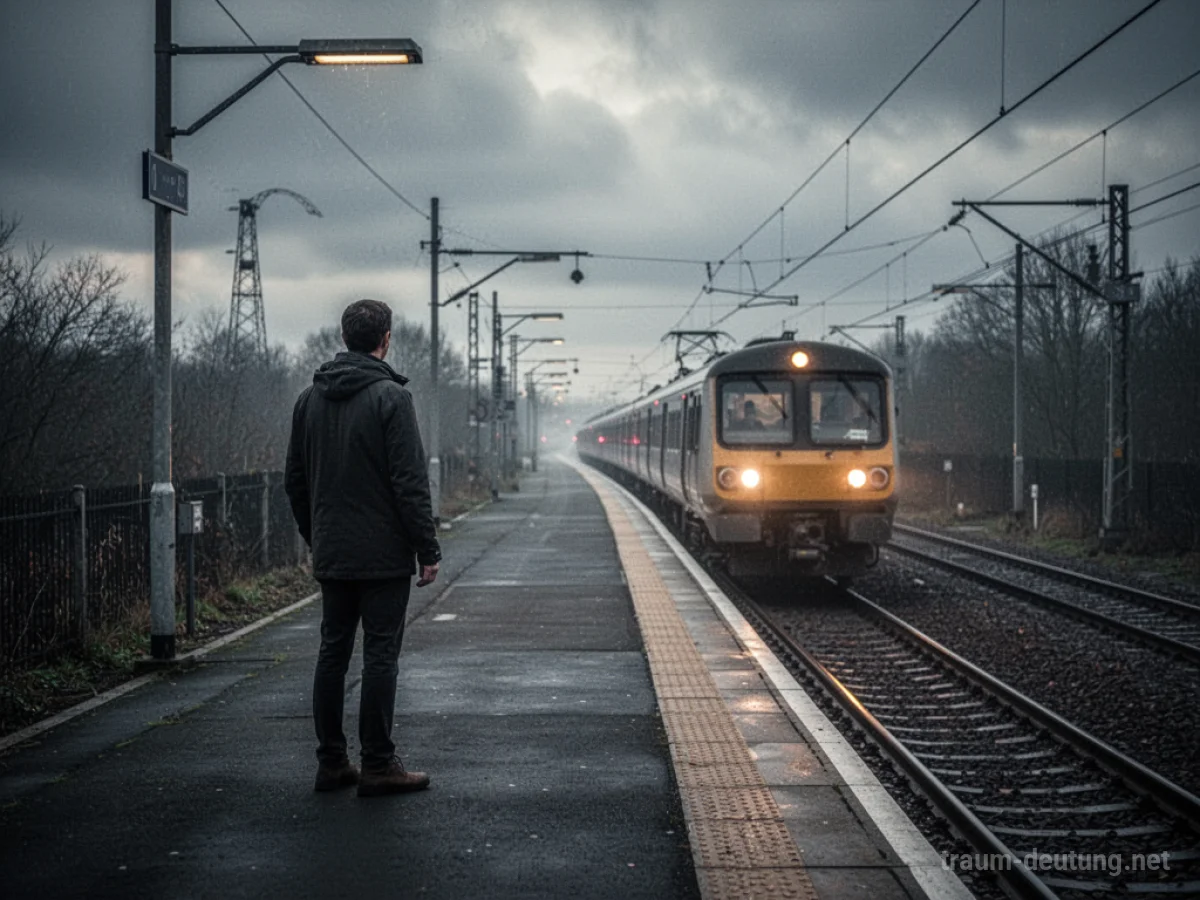 Ein Mann steht allein auf einem Bahnsteig und blickt einem davonfahrenden Zug nach.