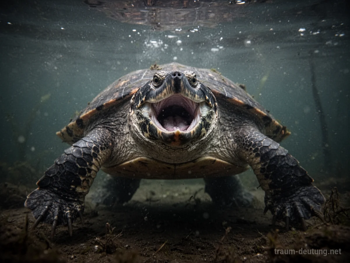 Aggressive Schildkröte mit geöffnetem Maul im dunklen Wasser