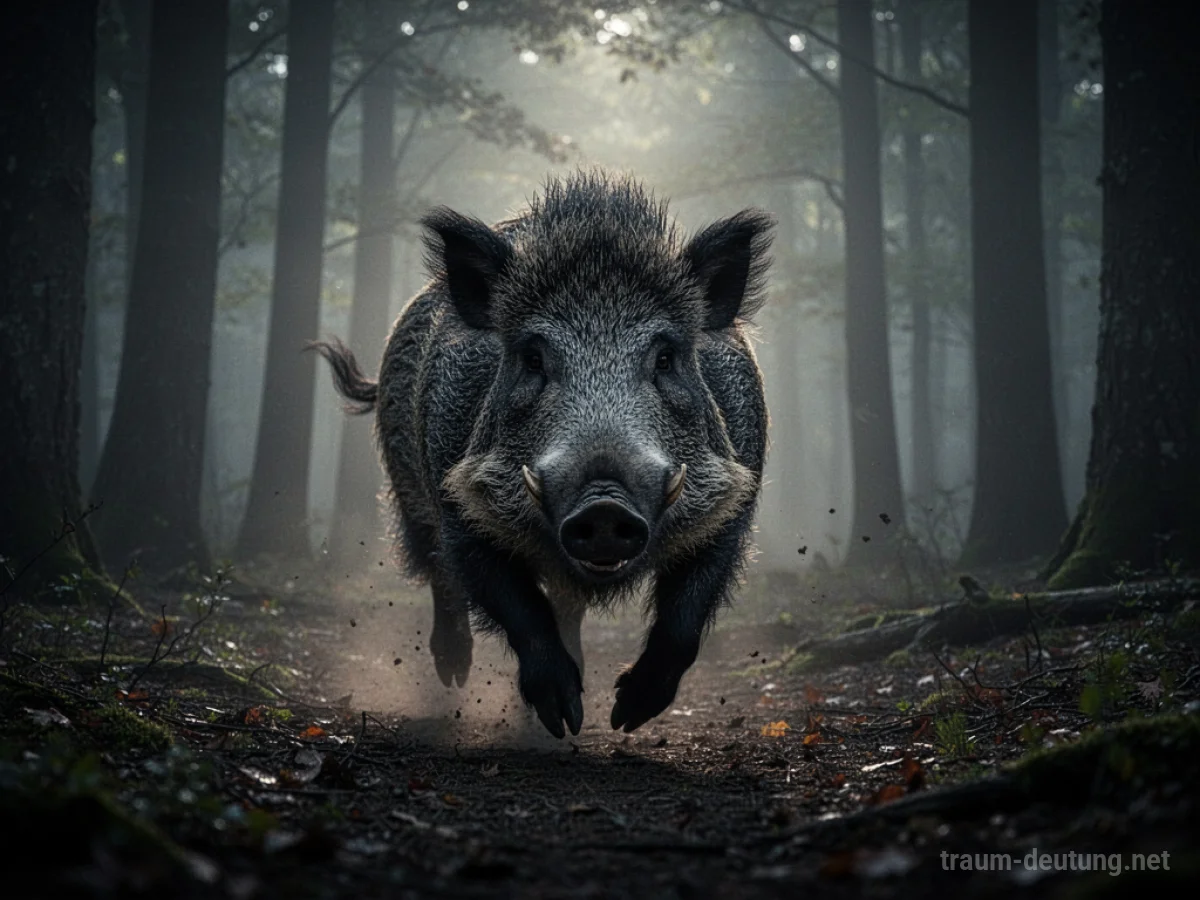 Silhouette eines wütenden Schweins, das in einem nebligen Wald angreift.