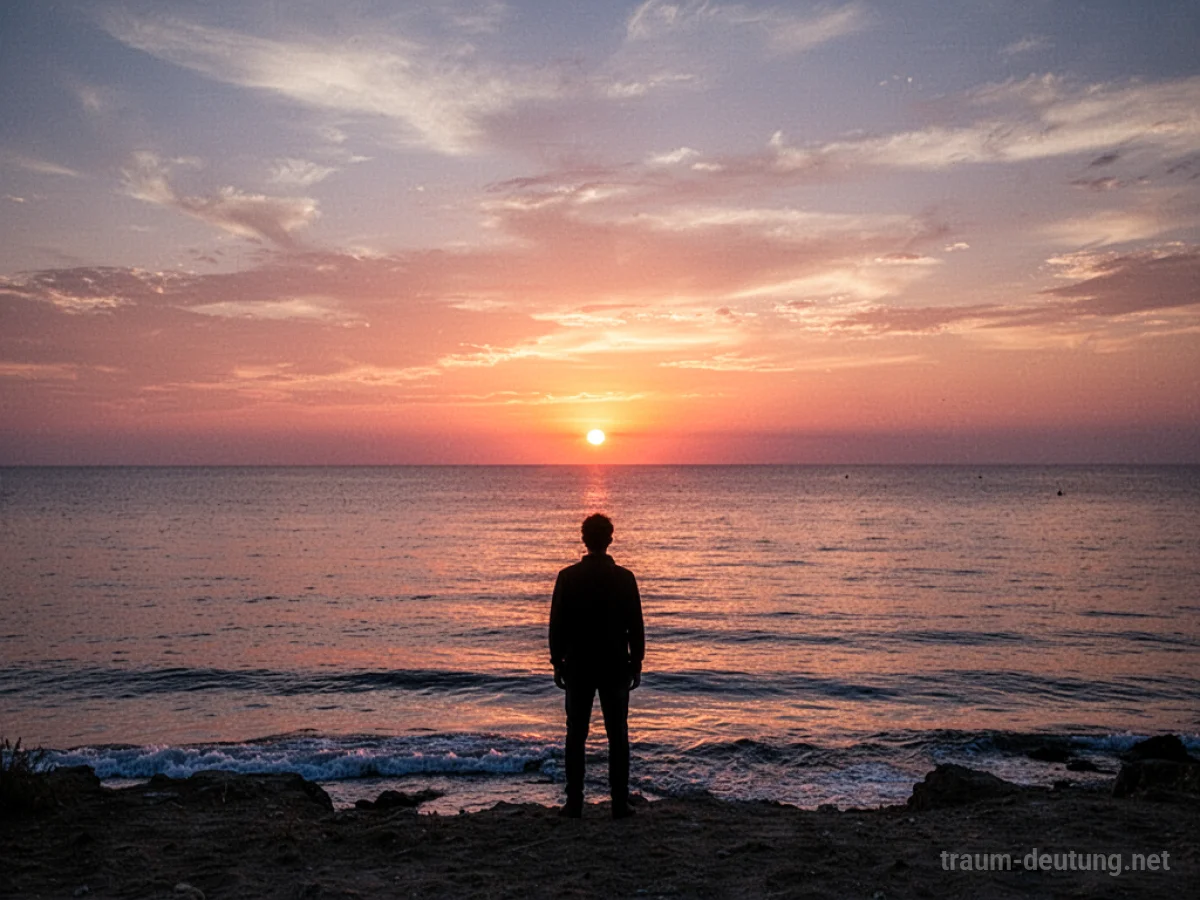 Eine einsame Person steht am Meer und blickt auf einen dramatischen Sonnenuntergang.