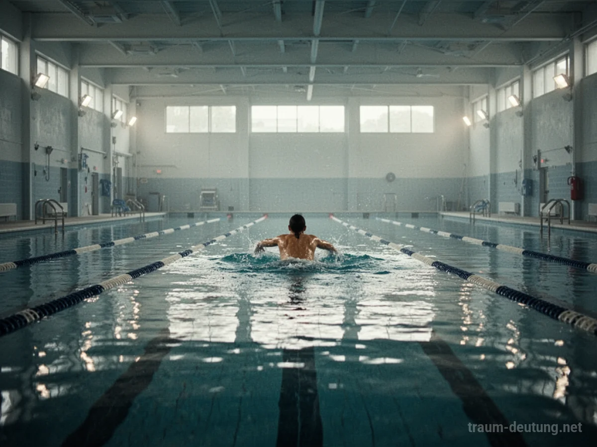 Eine Person schwimmt einsam in einem großen Schwimmbad, das Wasser ist ruhig.
