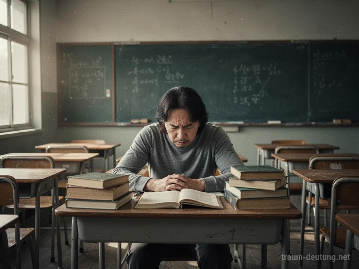 Erwachsener sitzt allein in einem leeren Klassenzimmer und wirkt überfordert.