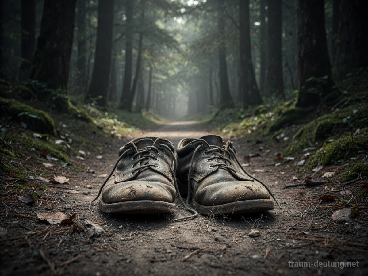 Alte, abgetragene Schuhe liegen auf einem staubigen Weg im Wald.