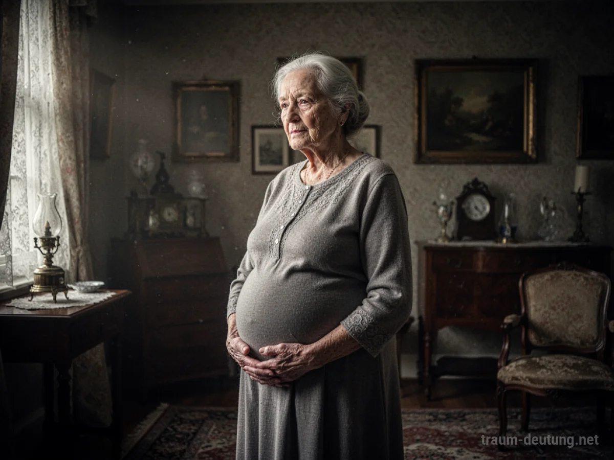 Symbolbild einer älteren Frau mit Hand auf ihrem Bauch, die Schwangerschaft andeutet.