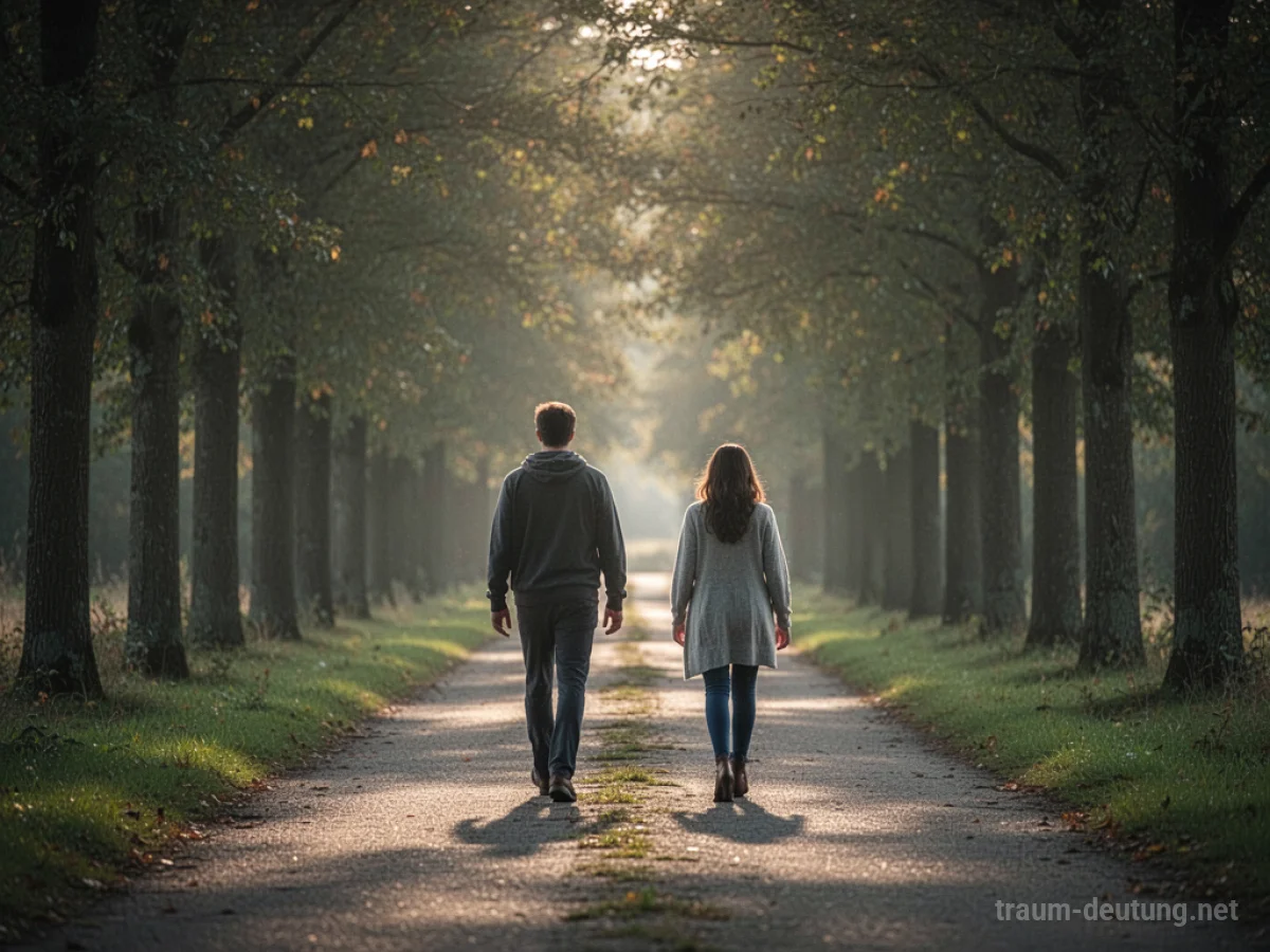 Zwei Silhouetten gehen einen sonnigen Weg entlang, weg vom Betrachter.