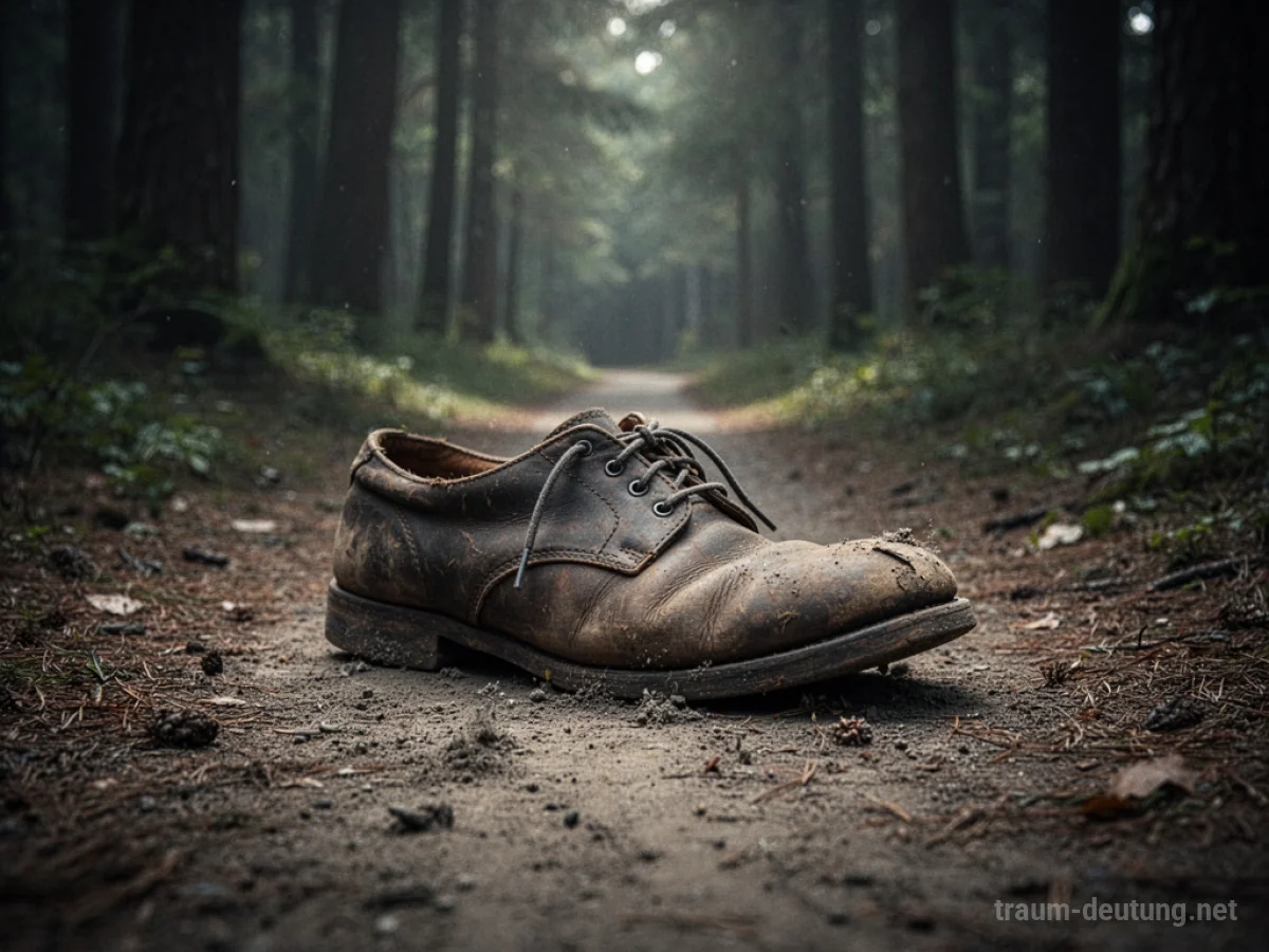 Ein einzelner, abgenutzter alter Schuh liegt auf einem staubigen Weg im Wald.