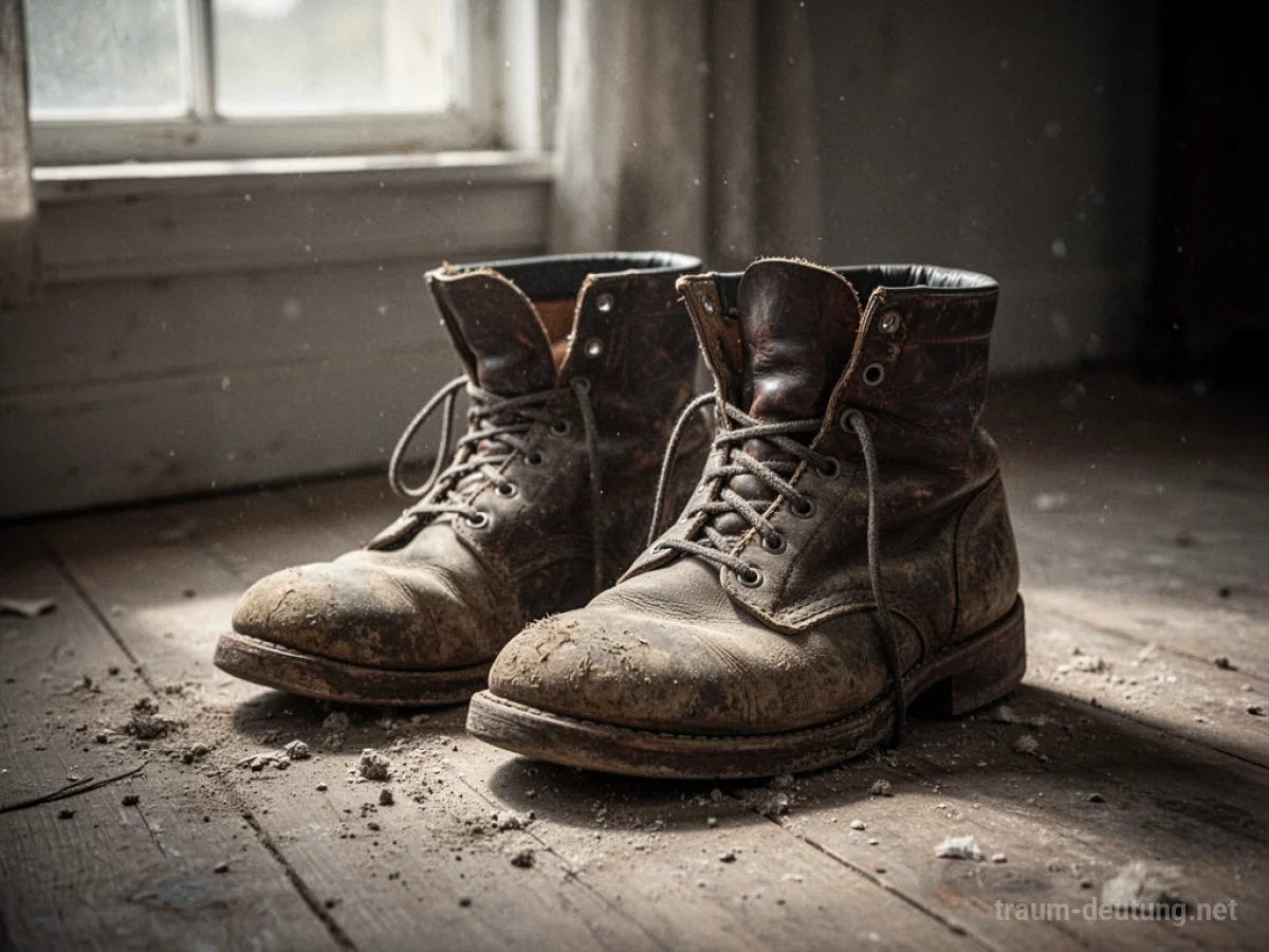 Alte, abgetragene Stiefel liegen auf einem Holzboden.