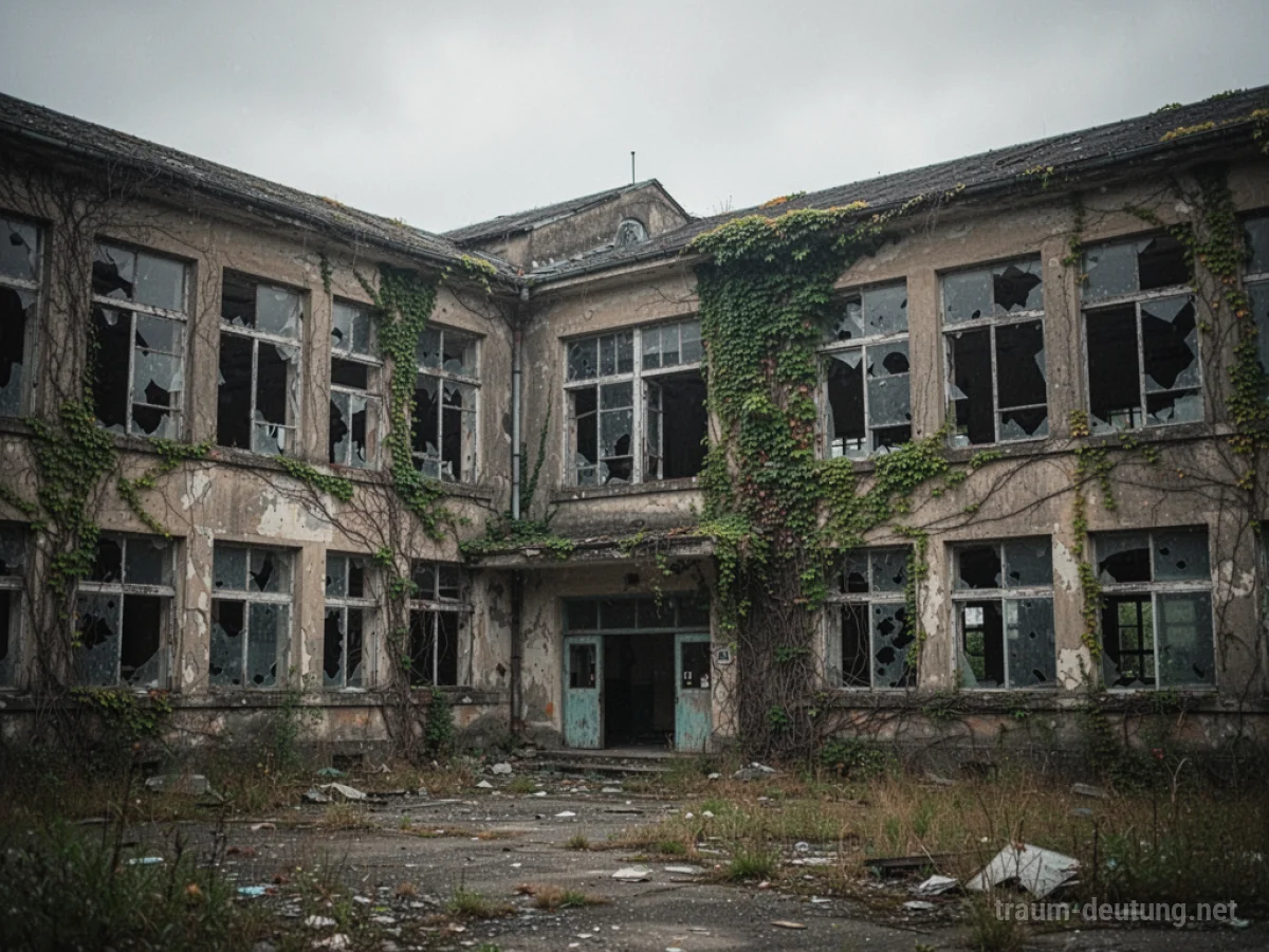 Eine alte, verlassene Schule mit zerbrochenen Fenstern und zugewachsenen Efeuranken.