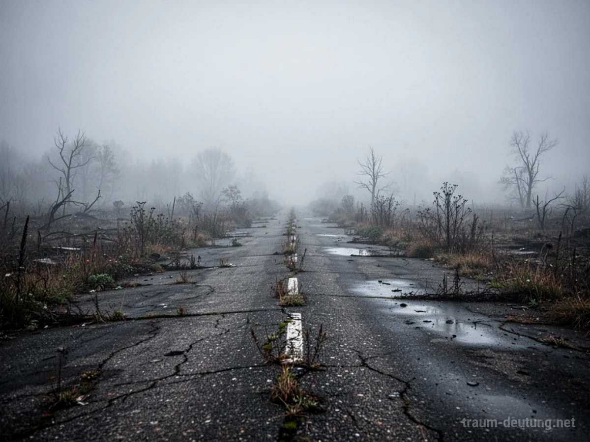 Eine alte, verlassene Straße, die sich durch eine neblige Landschaft schlängelt.