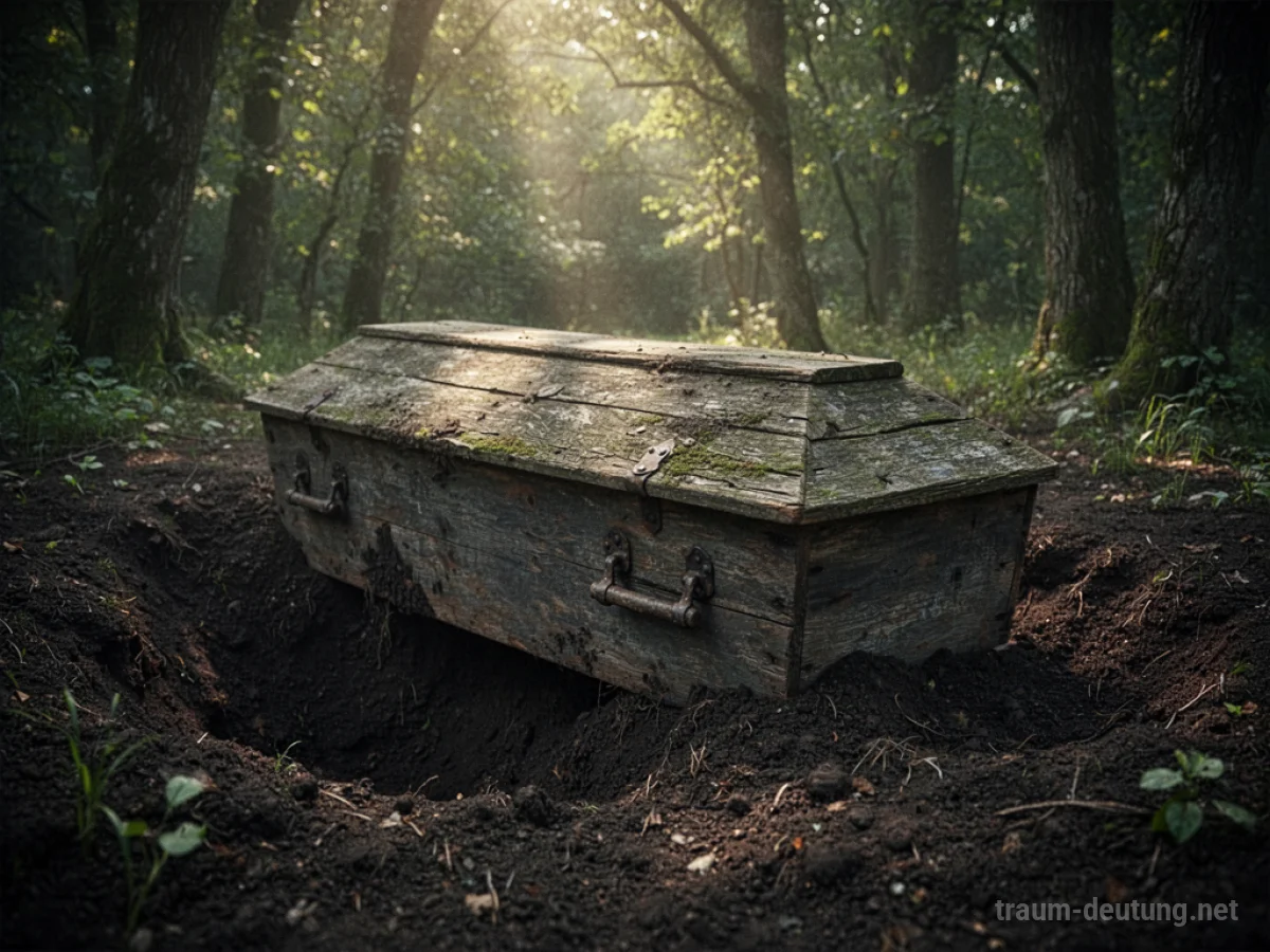 Ein alter Holzsarg wird teilweise im Erdreich entdeckt.