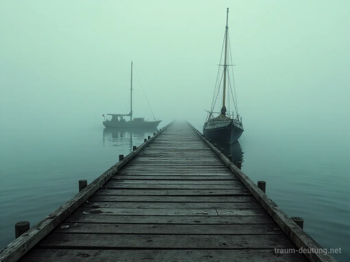 Ein verlassener alter Segelhafen mit alten Booten im Nebel