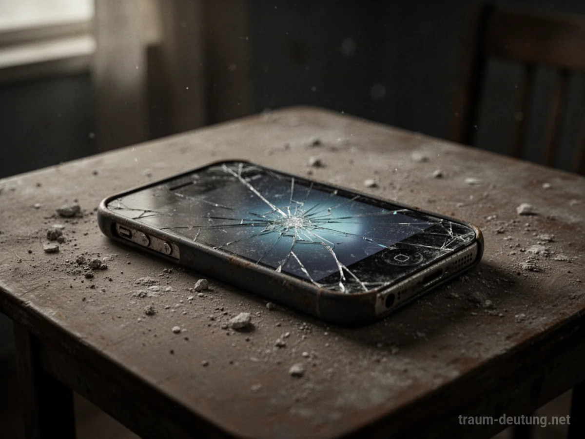Ein altes, zerbrochenes Smartphone auf einem staubigen Tisch in einem dunklen Raum.