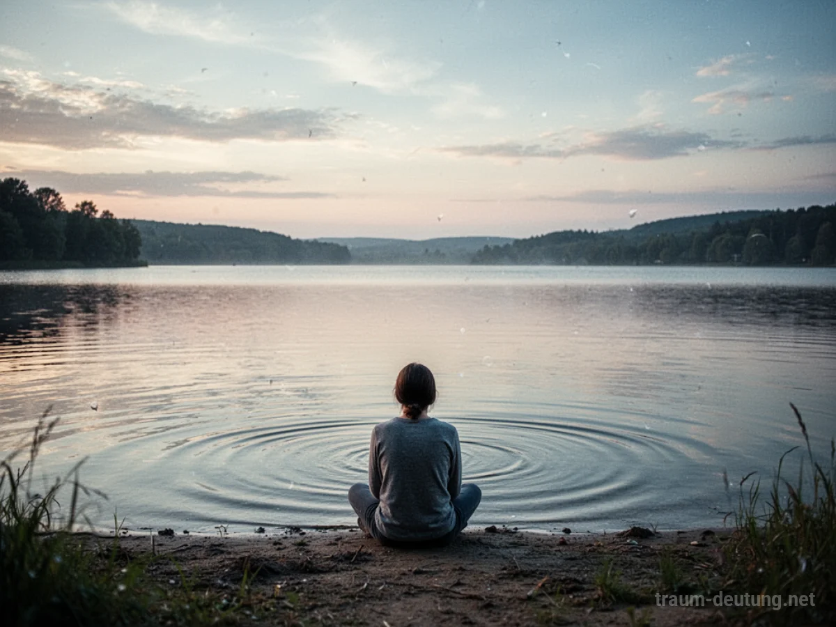 Eine Person sitzt ruhig am Ufer eines stillen Sees.