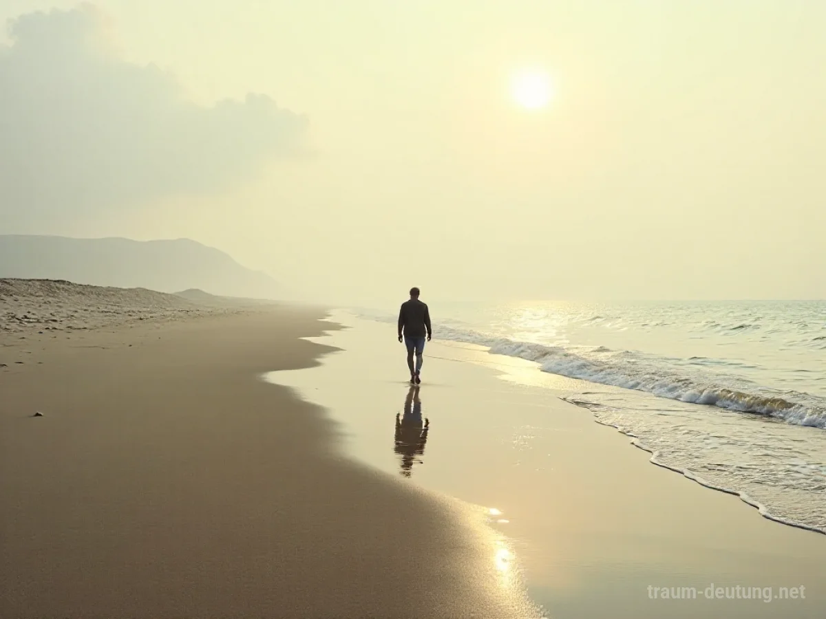 Eine Person geht allein am weiten Strand entlang.