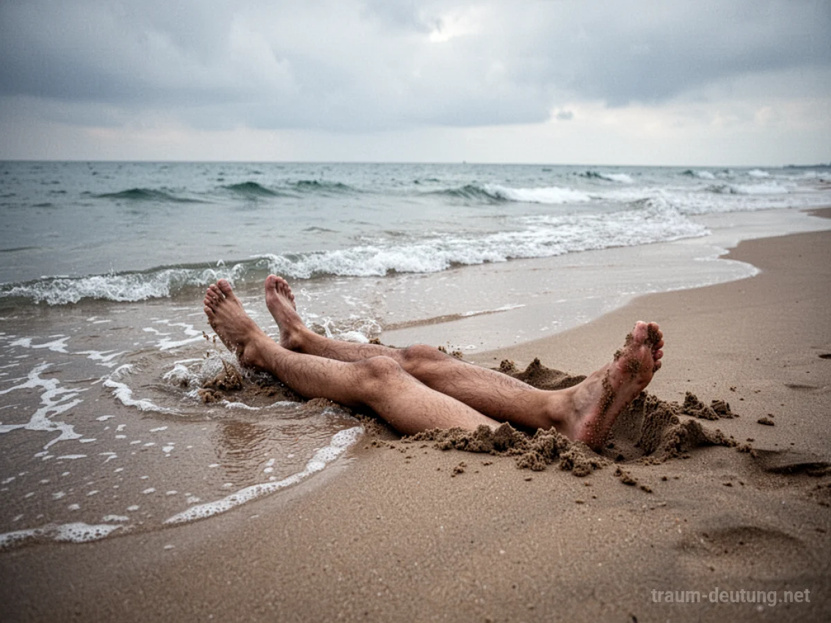 Füße und Beine ragen aus Sand am Strand, sanfte Wellen