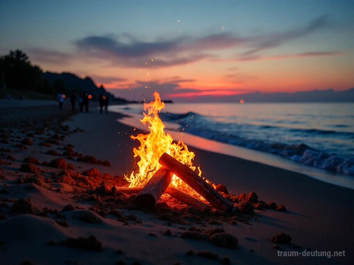 Ein Lagerfeuer am Strand bei Sonnenuntergang mit friedlichen Wellen