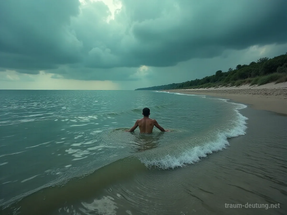 Person kämpft im Wasser am Strand, drohender Himmel darüber.