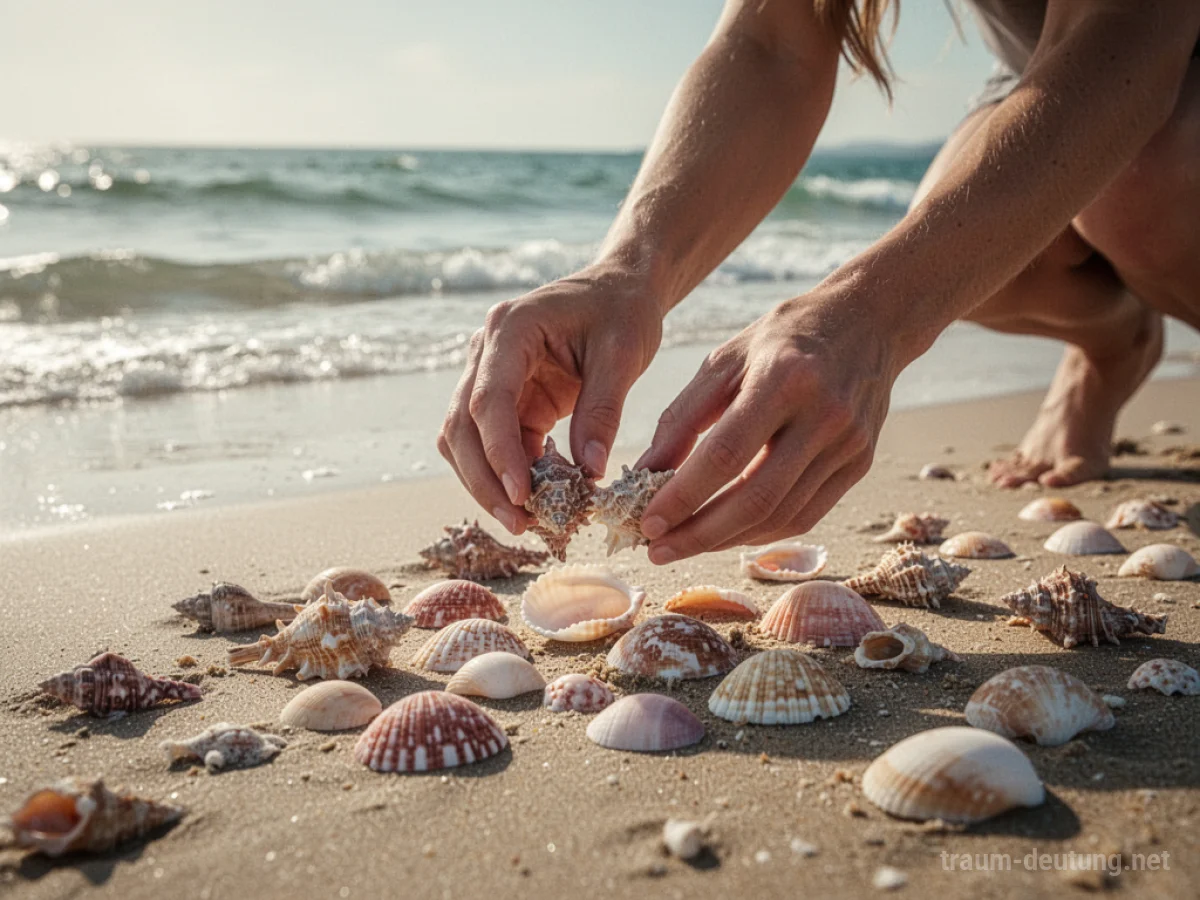 Hände sammeln Muscheln am Strand mit Meeresrauschen im Hintergrund.