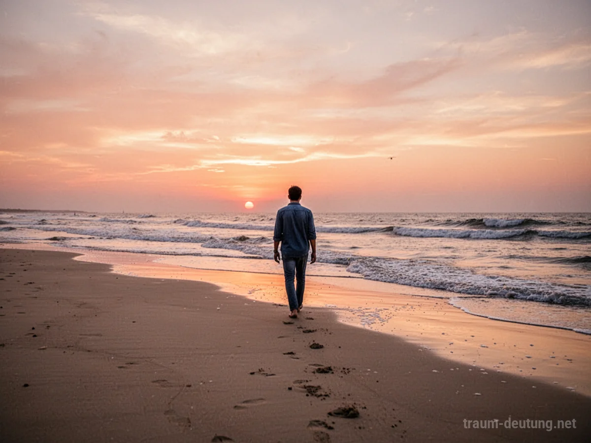 Eine Person geht am Strand spazieren, die Sonne geht unter.