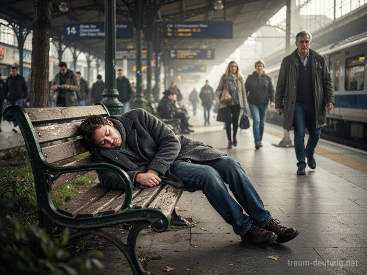 Eine Person schläft ungestört auf einer Parkbank, während Menschen vorbeigehen.