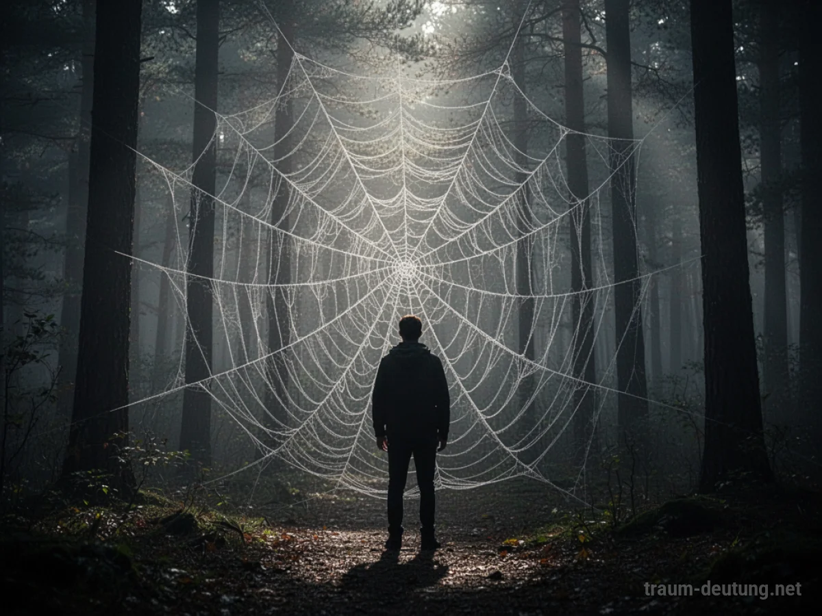 Silhouetten einer Person vor einem riesigen Spinnennetz im Nebelwald