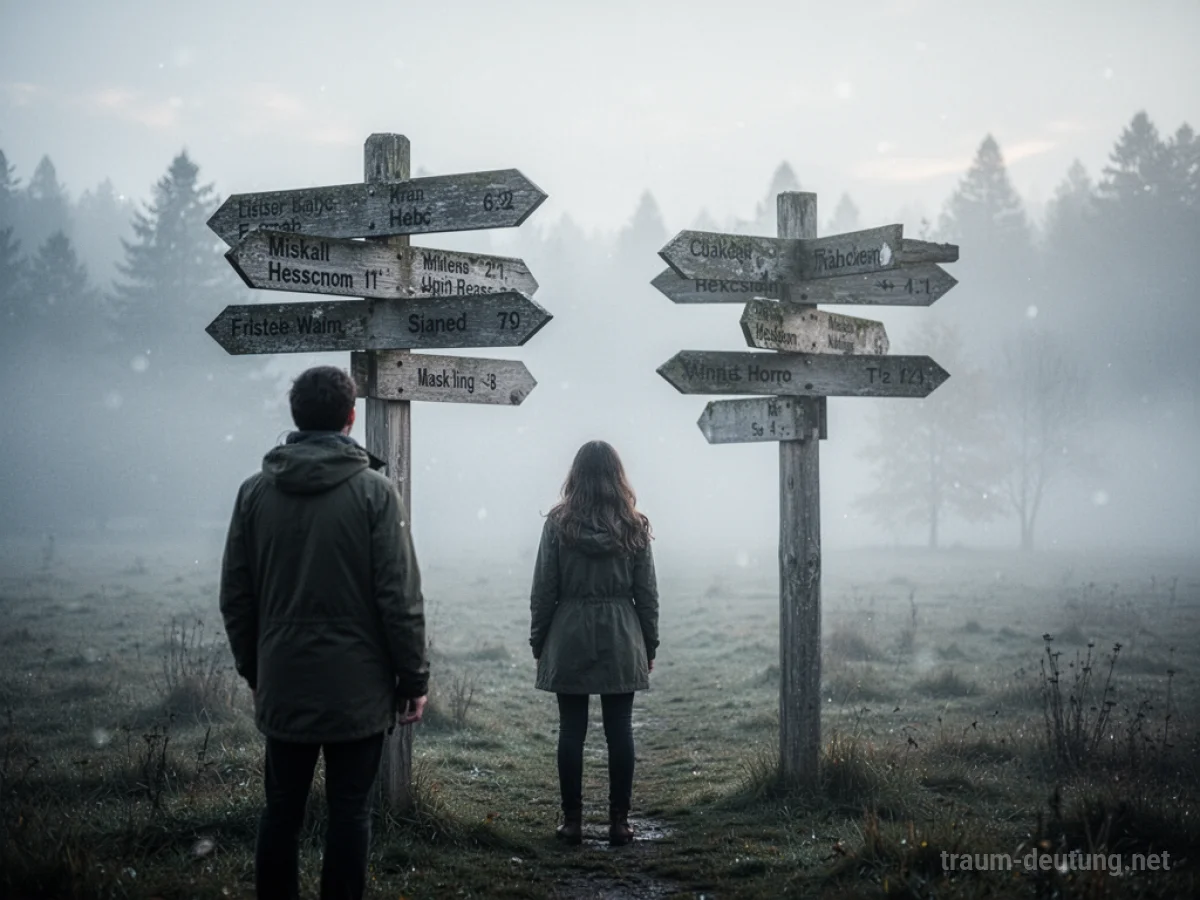 Person an Weggabelung mit vielen Richtungen im Nebel