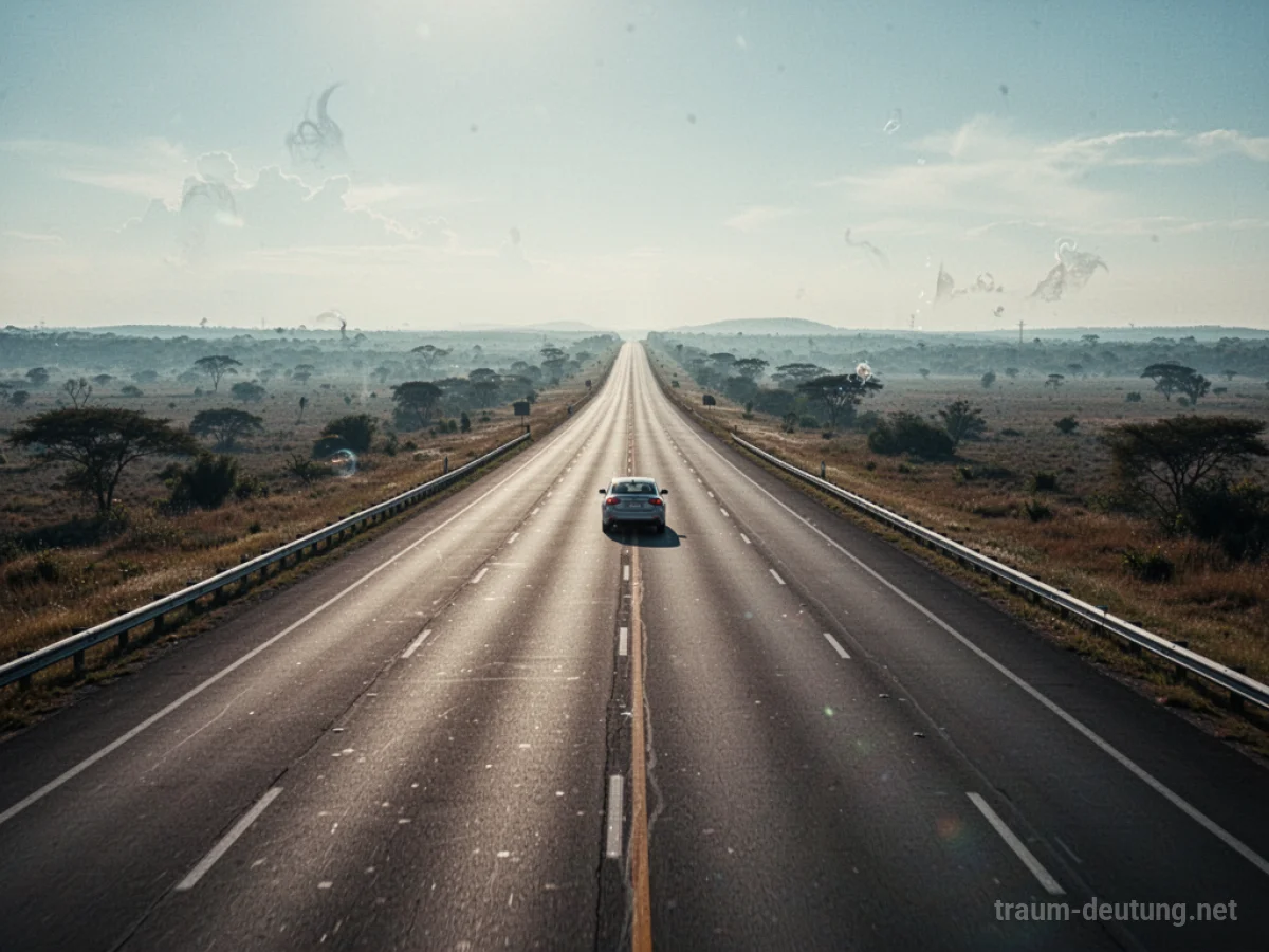 Eine einsame Autobahn, die sich in der Ferne verliert, mit einem Auto, das darauf fährt.