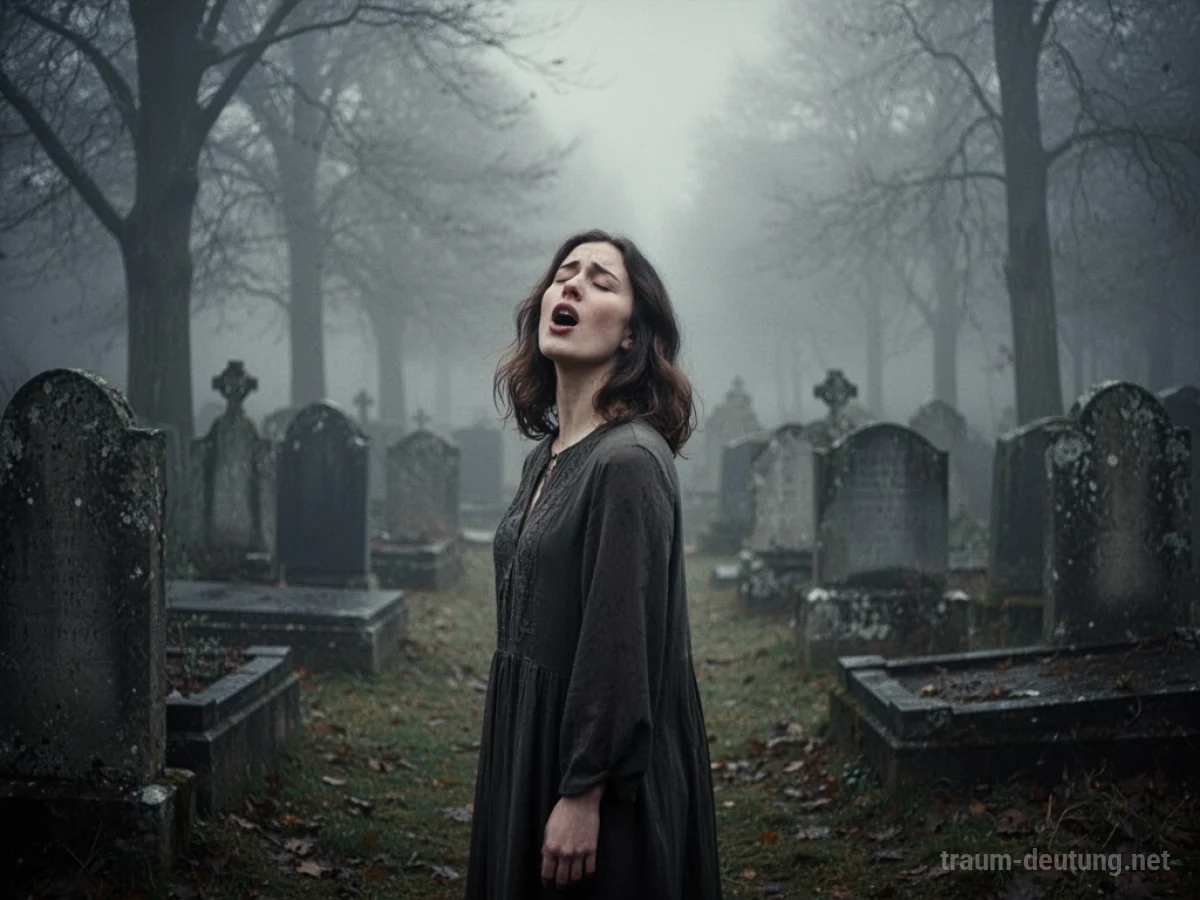 Eine Person singt auf einem Friedhof, umgeben von Grabsteinen.