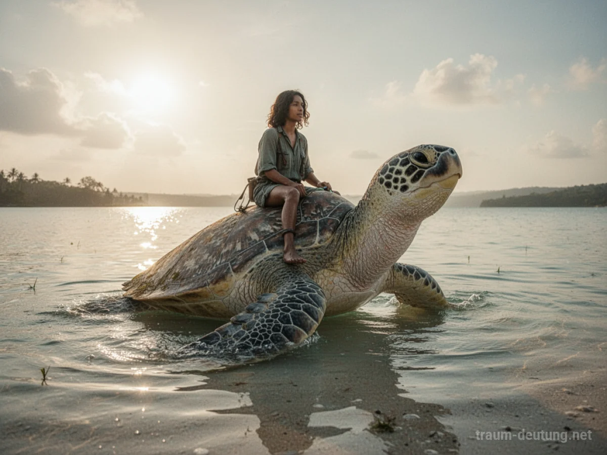 Person reitet auf einer großen Schildkröte im Wasser