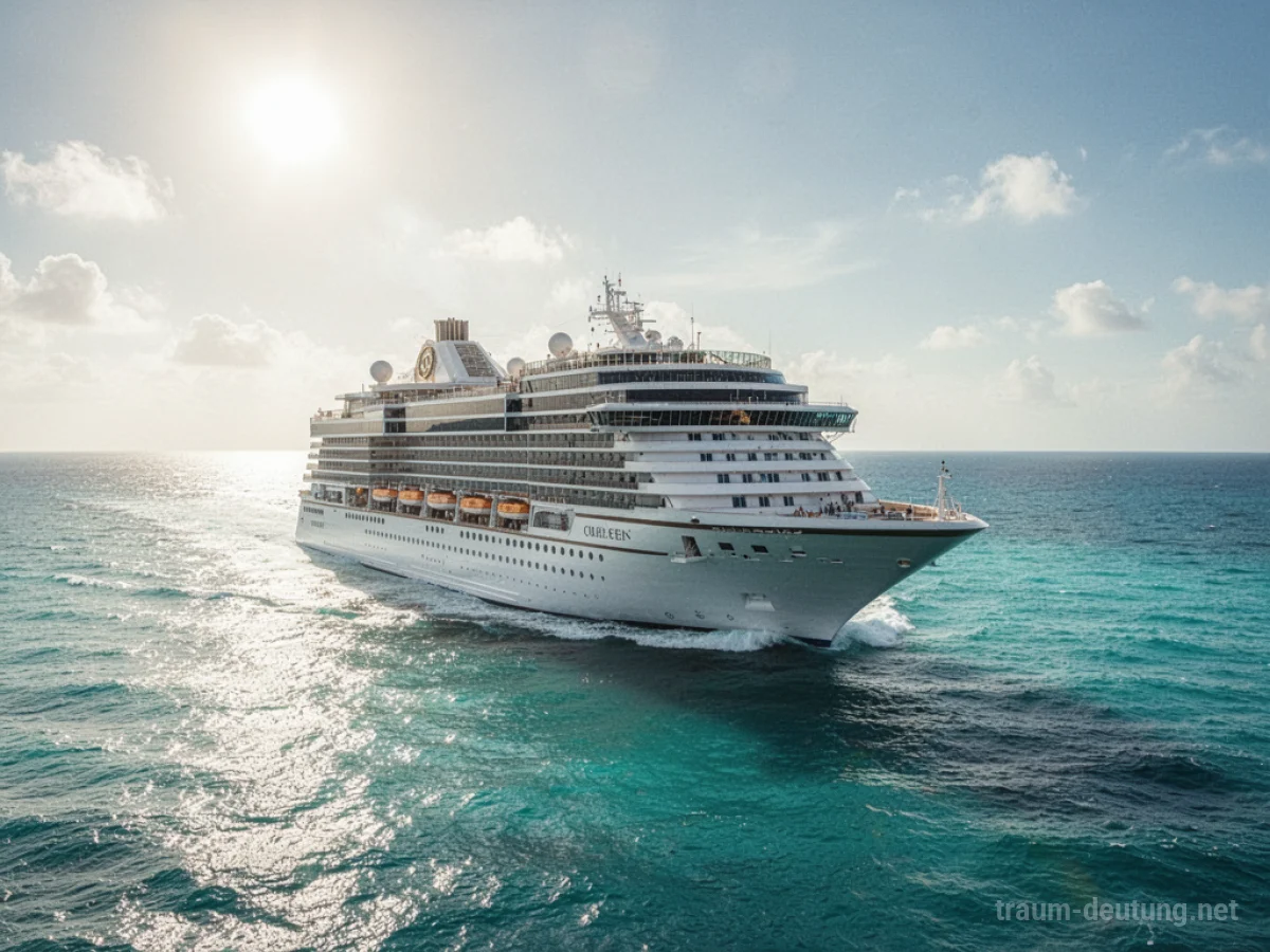 Ein luxuriöses Kreuzfahrtschiff fährt auf ruhigem, blauem Wasser unter strahlendem Sonnenschein.