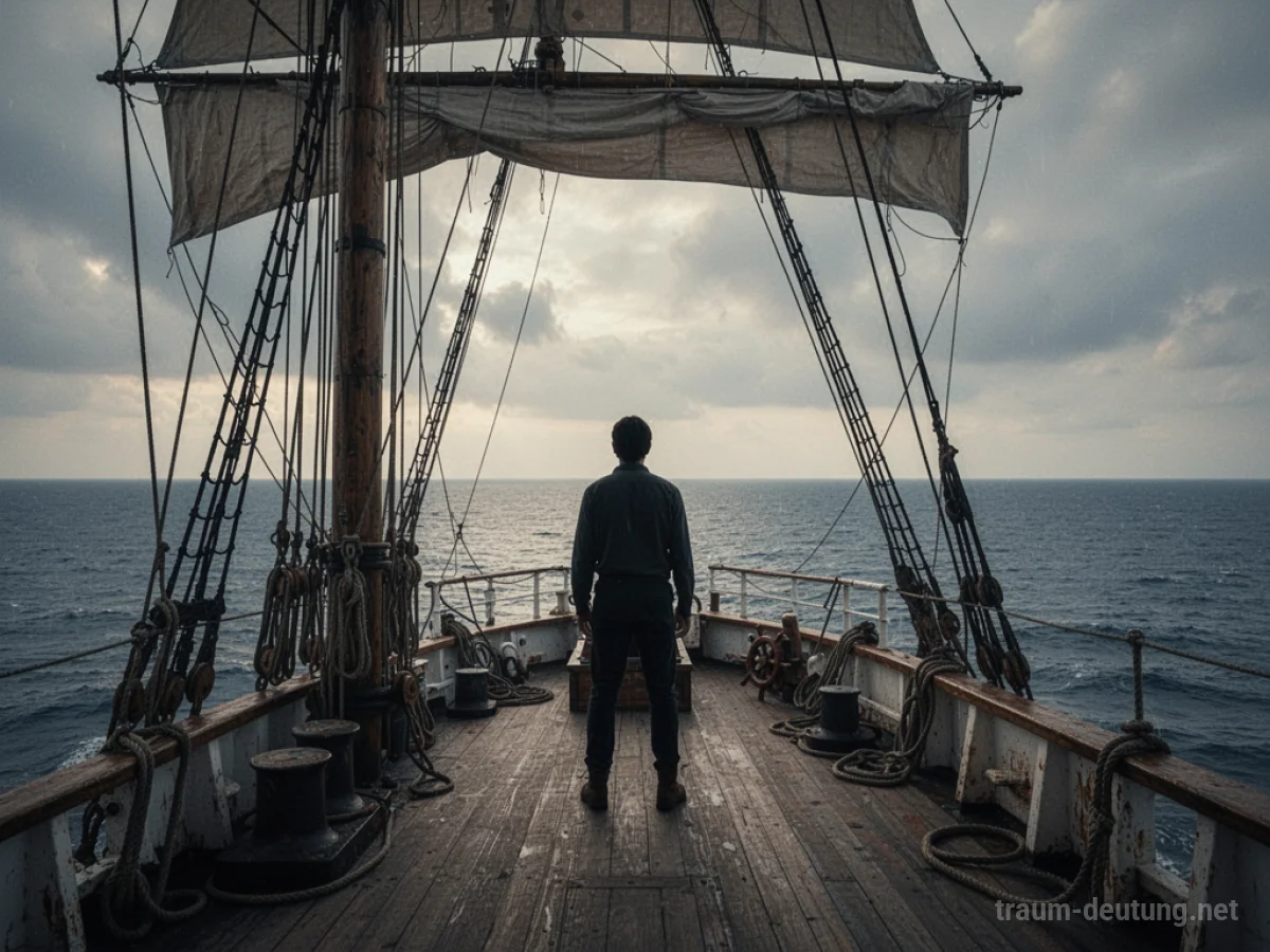 Silhouette einer Person auf einem Schiff, die auf das weite Meer blickt.