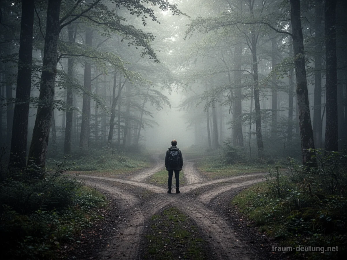 Eine Person steht an einer Weggabelung auf einer unbekannten Straße im Nebel.