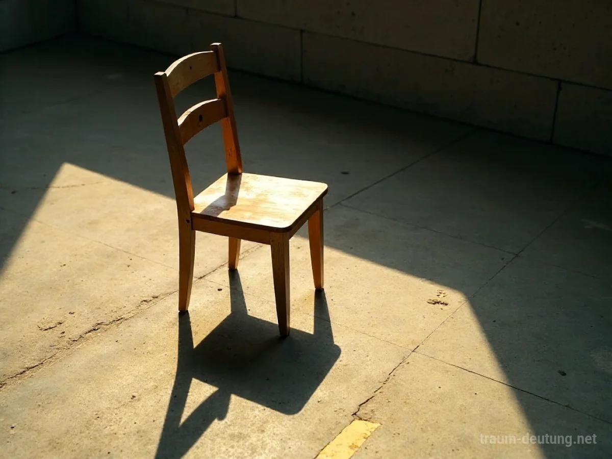 Ein wackeliger Stuhl steht auf unebenem Boden, Schatten fallen darauf.