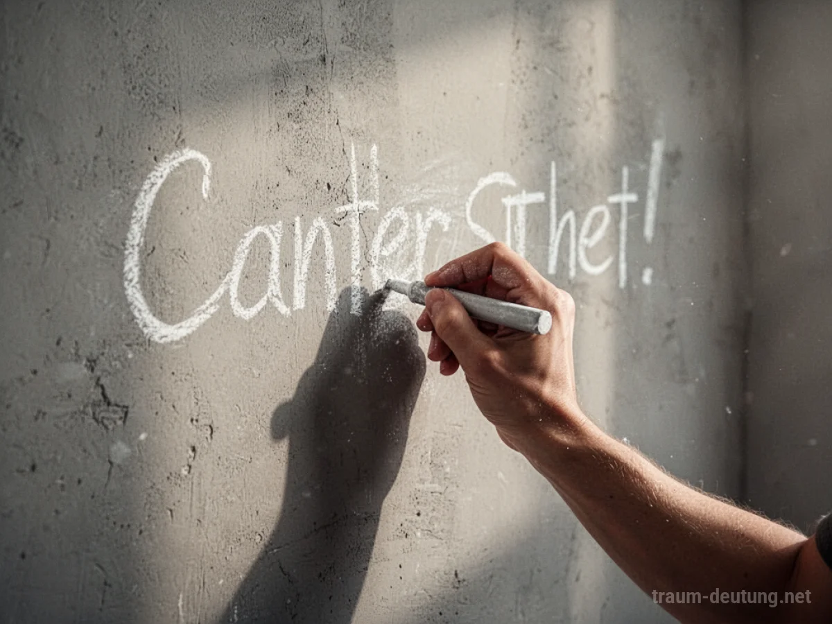 Hand schreibt mit Kreide auf eine weiße Wand.