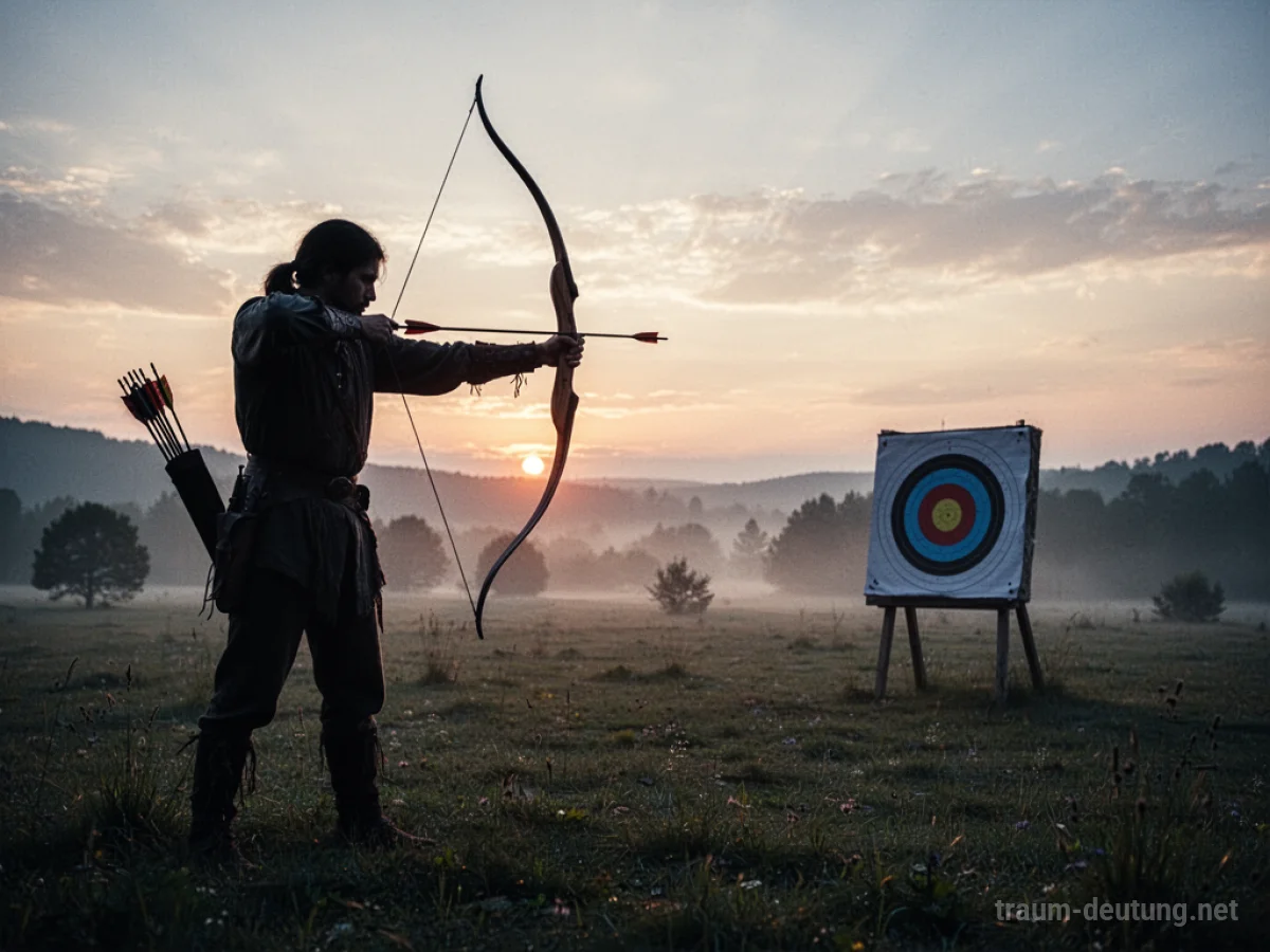 Silhouettenperson zielt mit Pfeil und Bogen auf weit entferntes Ziel im Morgengrauen.