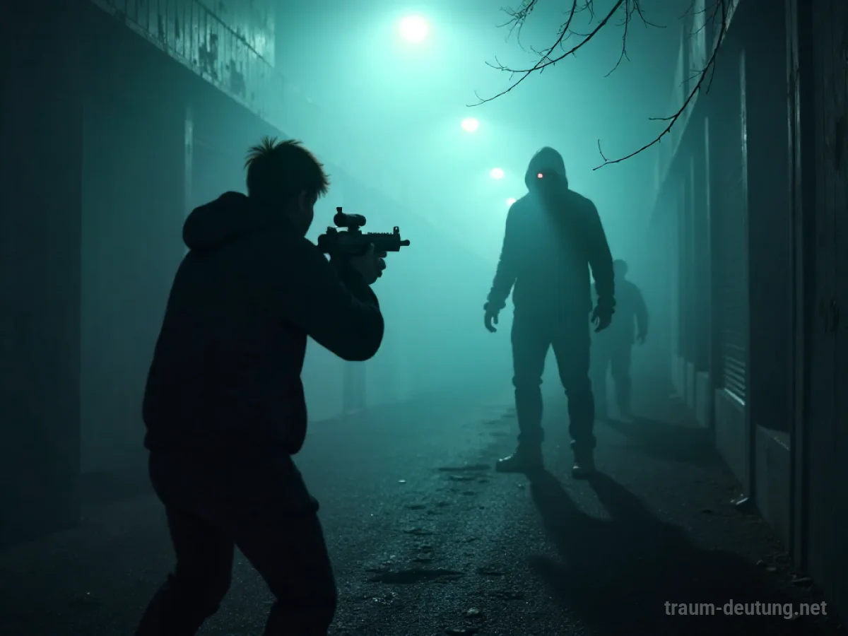 Person zielt mit Waffe auf zombieähnliche Gestalt im Nebel