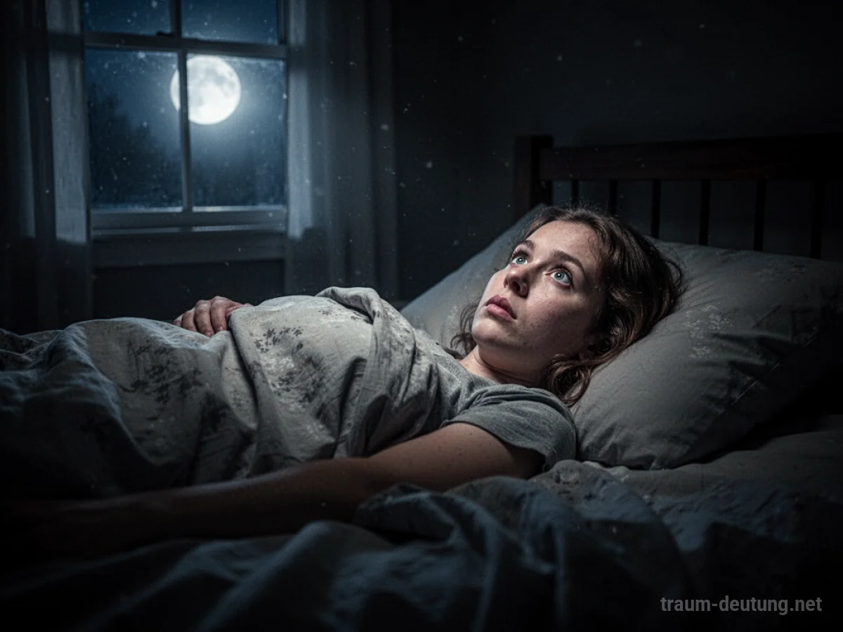 Eine Person liegt wach im Bett, die Augen weit offen in dunkler Nacht.