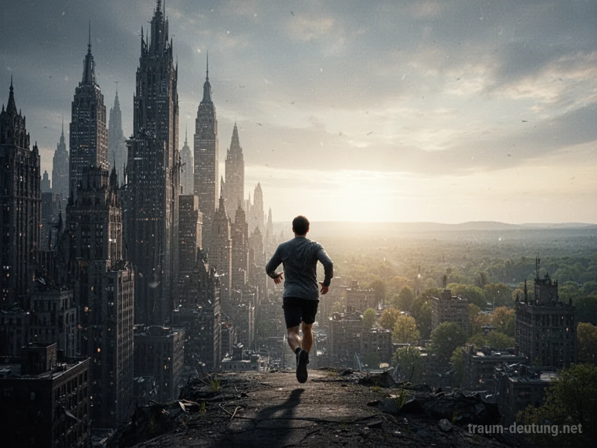 Silhouette einer Person, die aus einer düsteren Stadt in Richtung eines hellen Horizonts flieht.