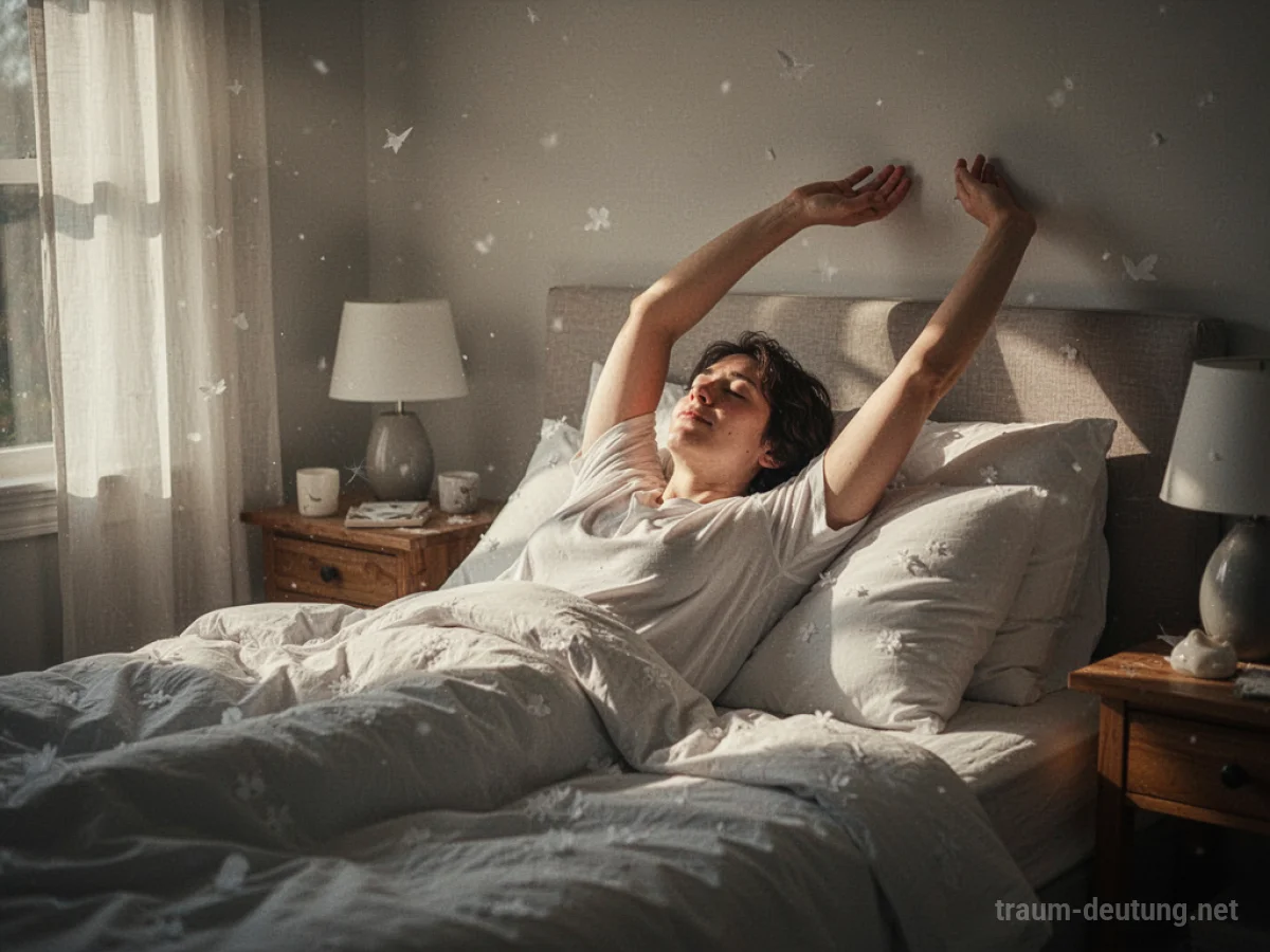 Eine Person wacht ausgeruht in einem sonnendurchfluteten Schlafzimmer auf und streckt sich.