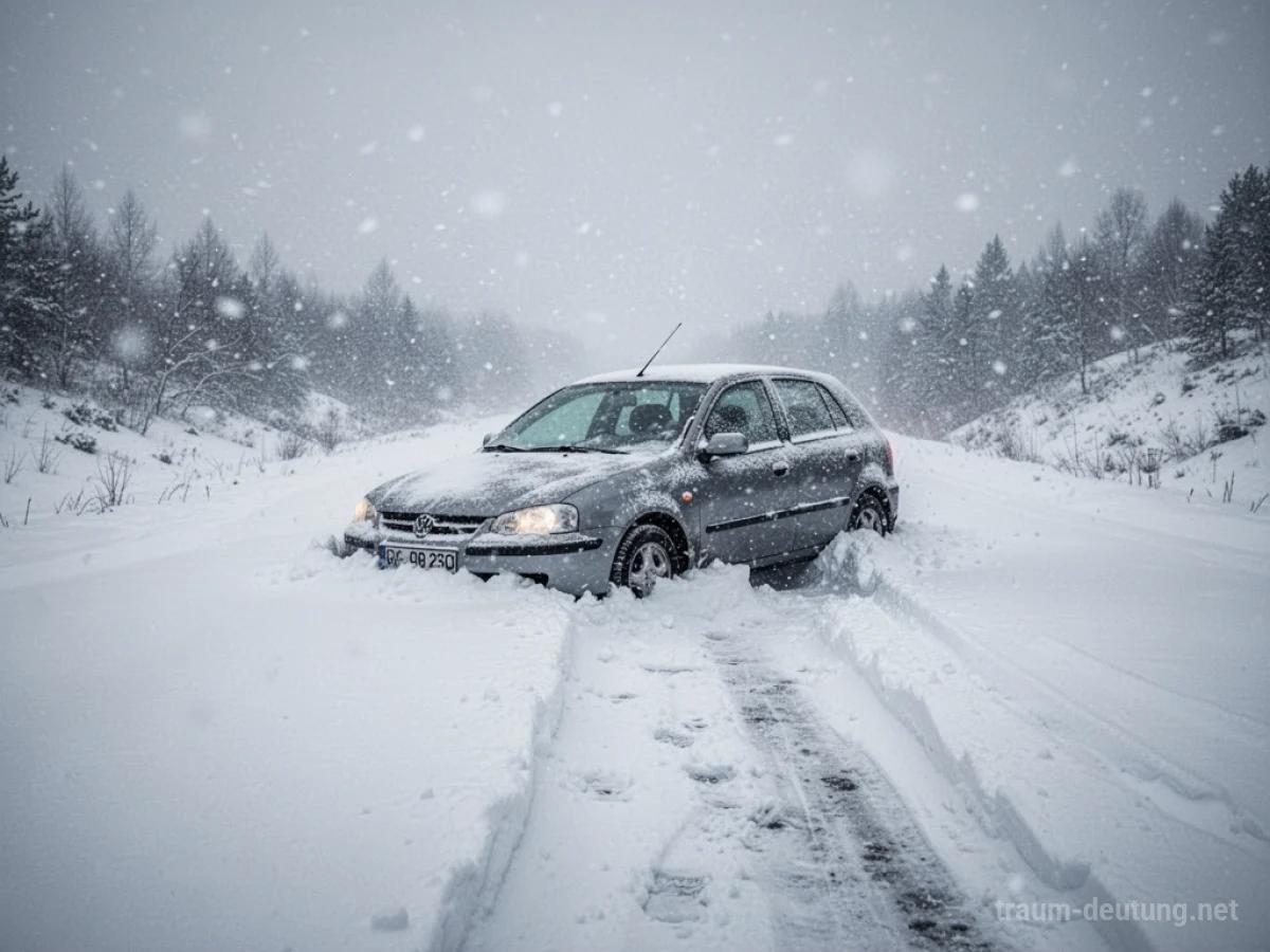 Auto steckt tief im Schnee auf einer einsamen Straße, Schneefall.