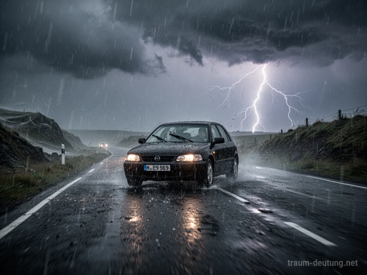 Auto fährt auf stürmischer Straße im Regen